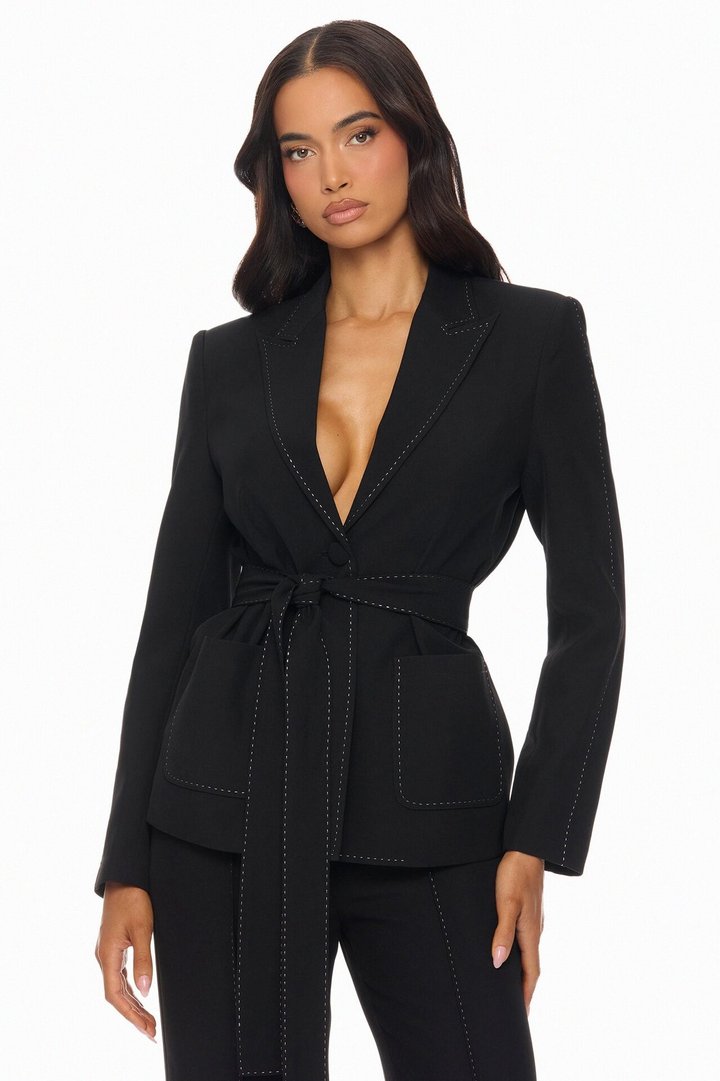 Lilian Contrast Stitch Pant Set - Black