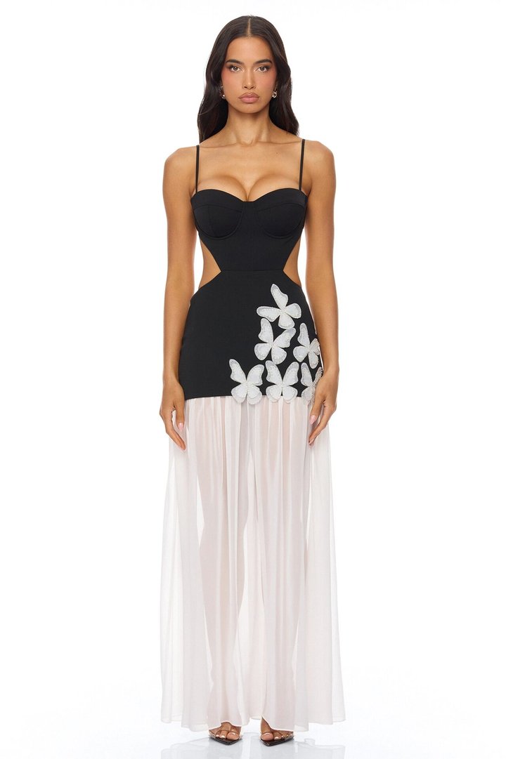 Cherry Blossom Backless Maxi Dress - Black/White