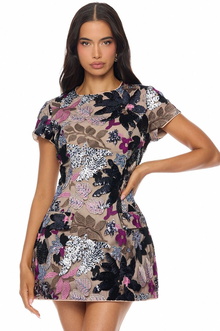 Kaylah Floral Embroidered Mini Dress - Purple/combo