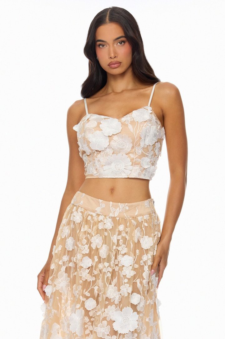 Blossom Skies Floral Embroidered Mesh Skirt Set - Cream