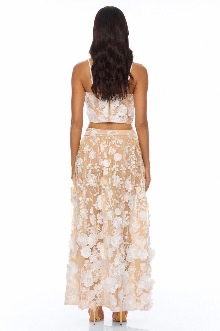 Blossom Skies Floral Embroidered Mesh Skirt Set - Cream