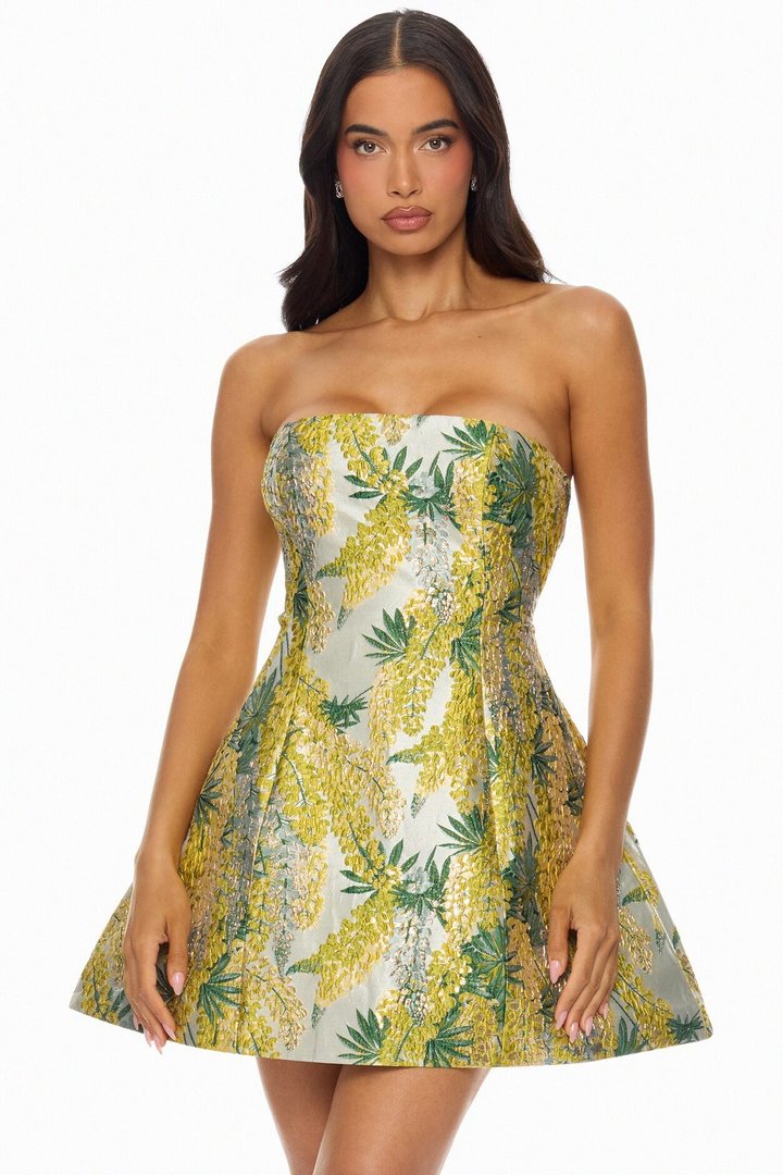 Sierra Flared Jacquard Mini Dress - Yellow/combo