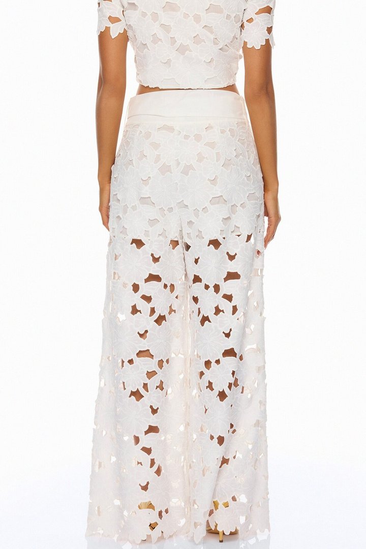 Kierra Wide Leg Embroidered Pant - White