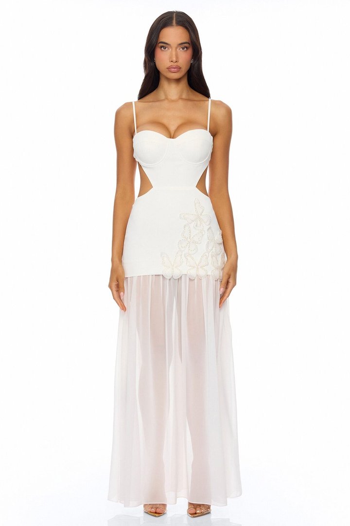 Cherry Blossom Backless Maxi Dress - White