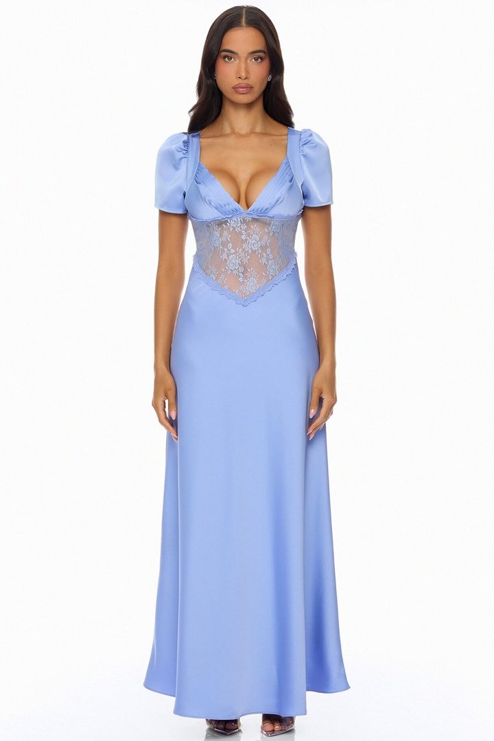Lace Daydream Satin Maxi Dress - Light Blue