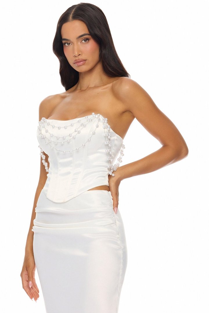 Say I Do Pearl Drape Satin Skirt Set - White
