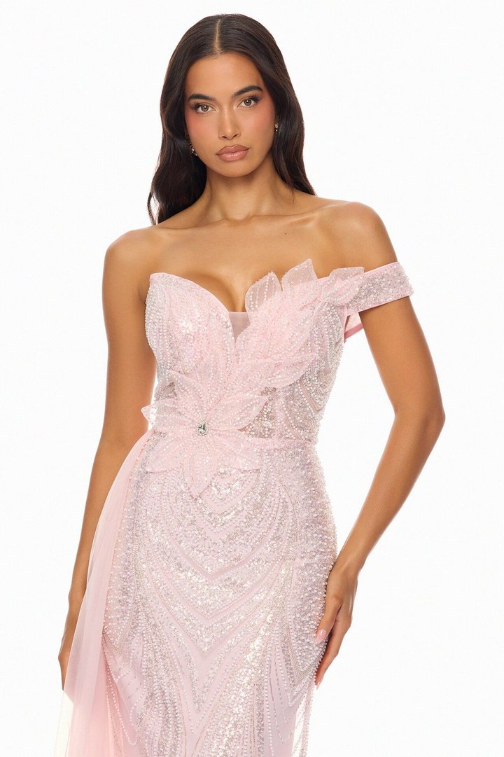 Too Glamorous Draped Embellished Gown - Light Pink