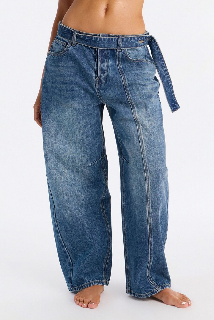 Juno Belted Barrel Leg Jeans - Vintage Wash