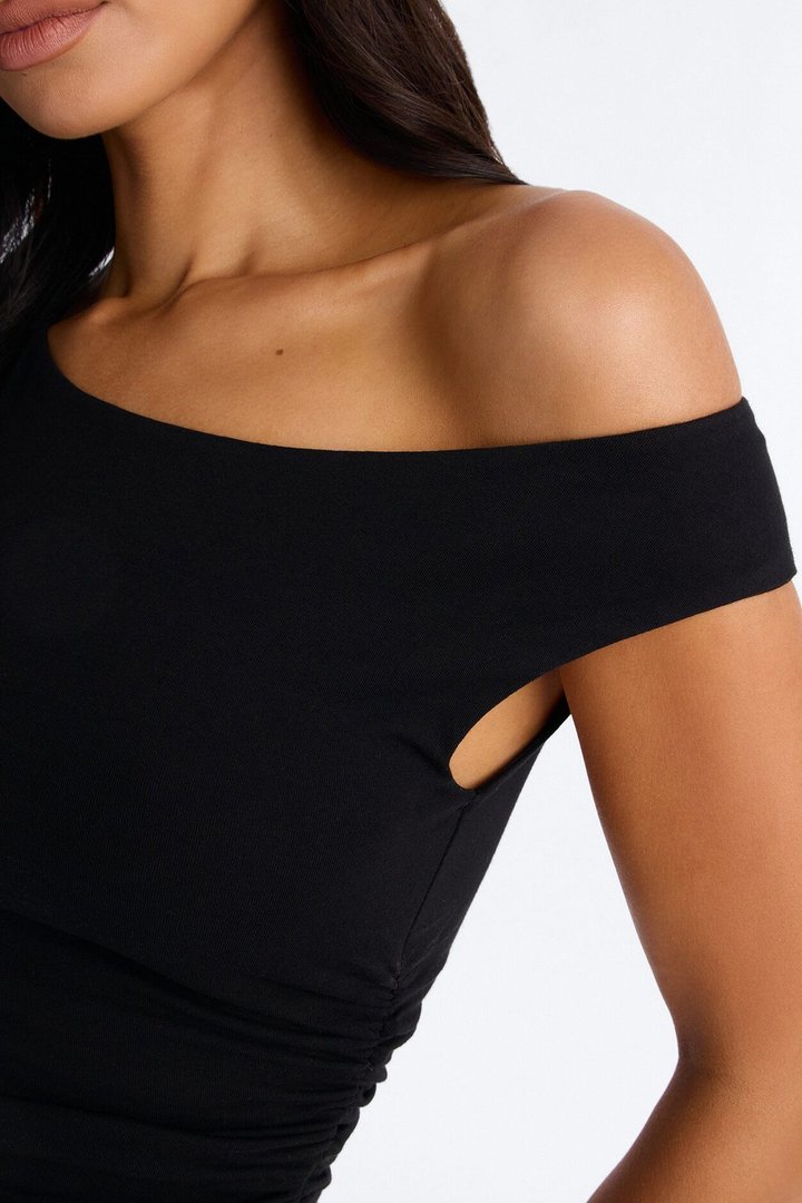 Boat Neck Baby Tee With Side Ruching - Black