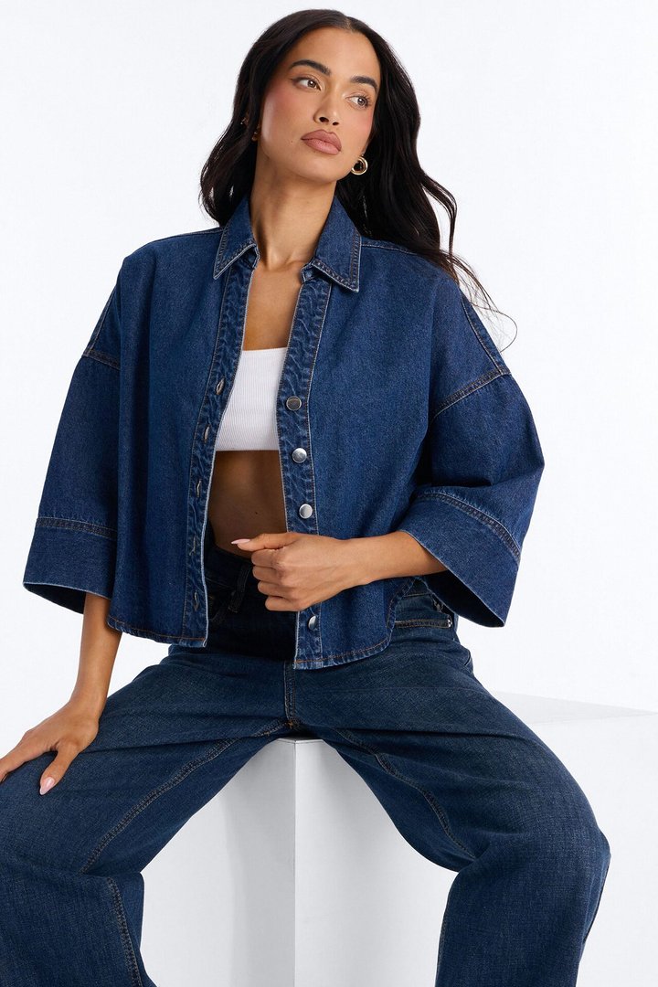 Fit Secured Oversized Denim Shirt - Dark Denim