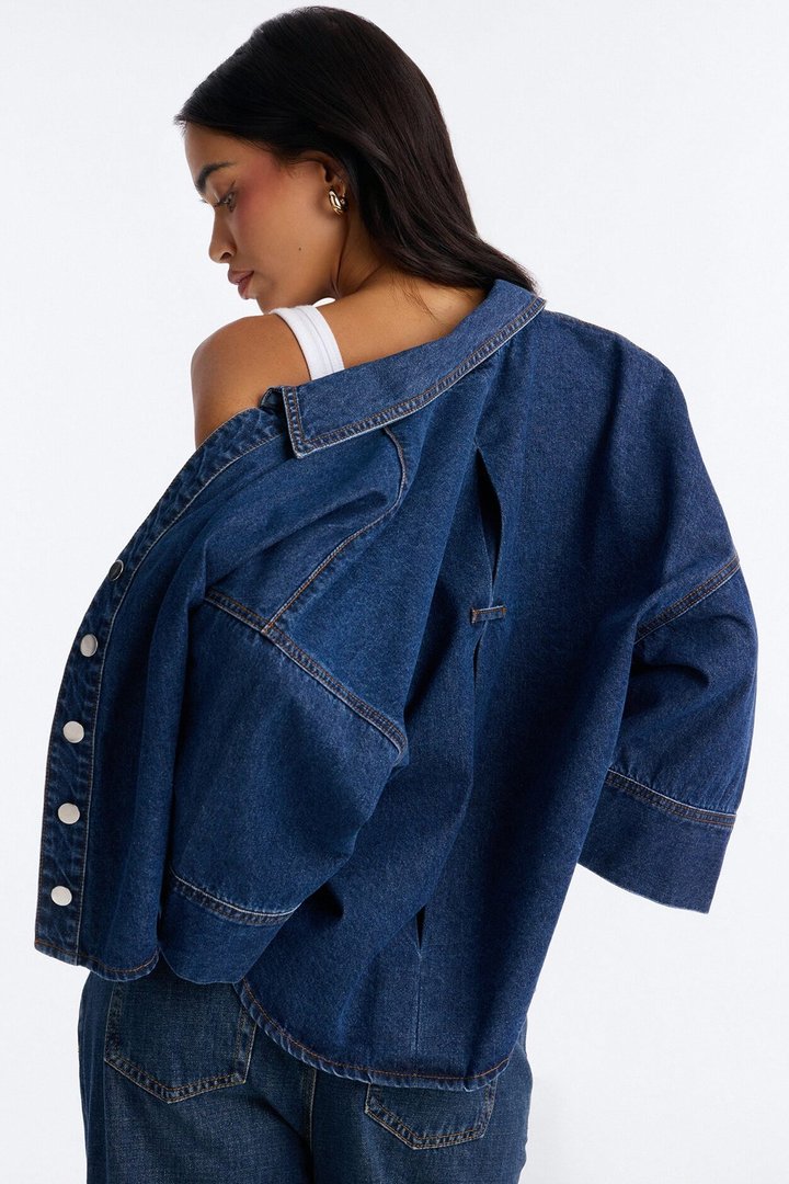 Fit Secured Oversized Denim Shirt - Dark Denim