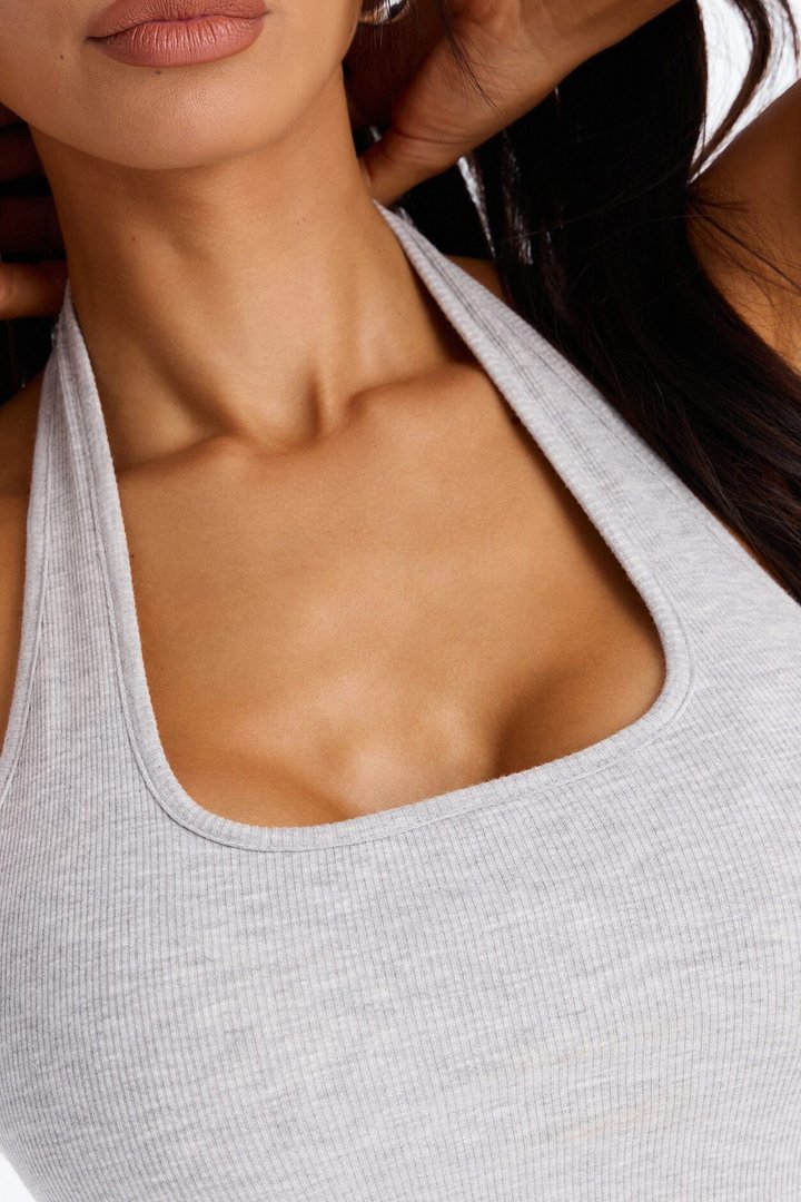 Becca Ribbed Built in Halter Top - Heather Grey