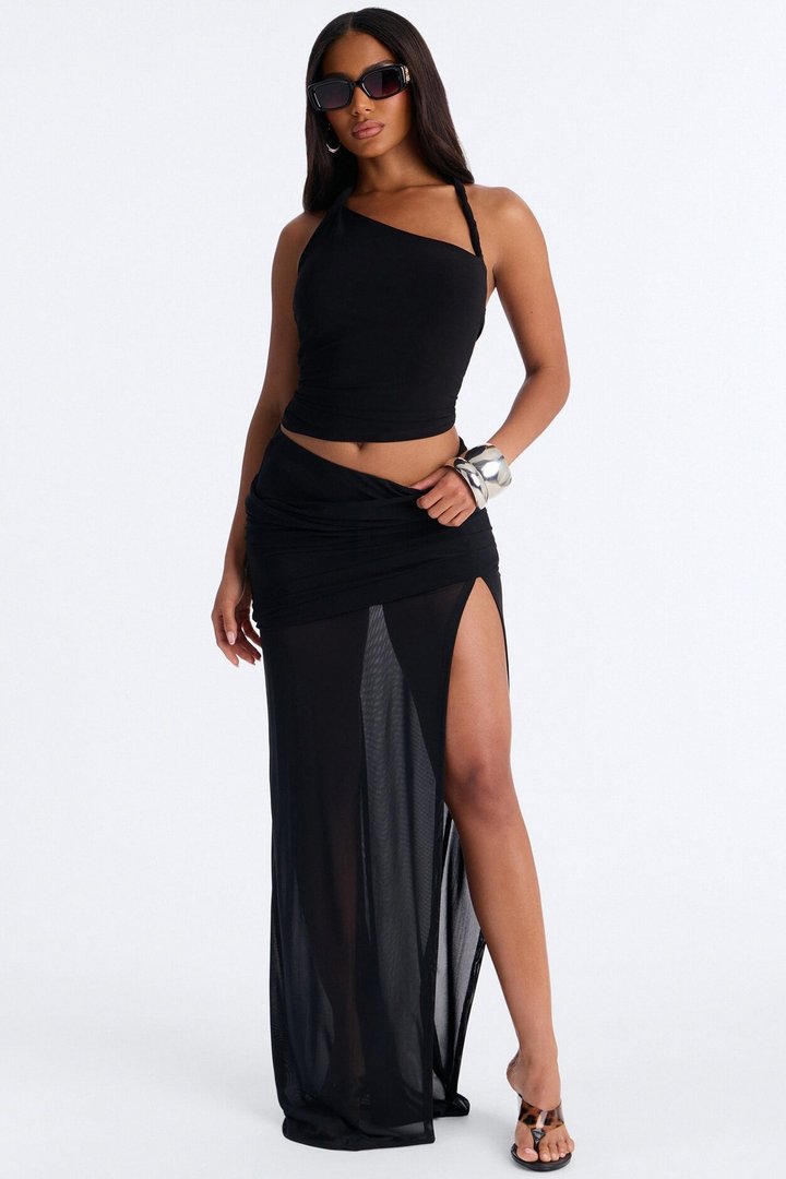Stolen Moments Ruched Slit Mesh Maxi Skirt - Black