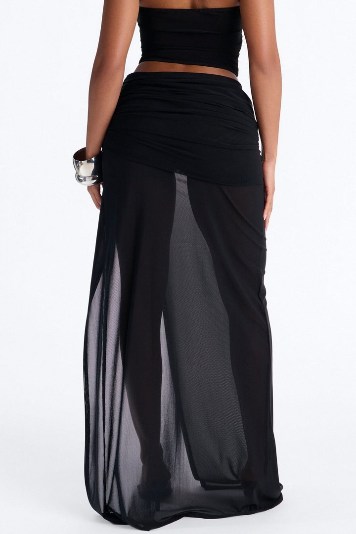 Stolen Moments Ruched Slit Mesh Maxi Skirt - Black