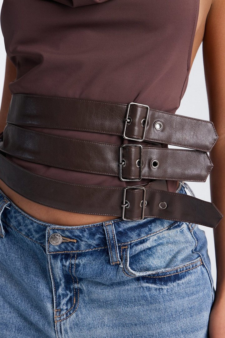 Cleo Cowl Neck Belted Halter Top - Brown