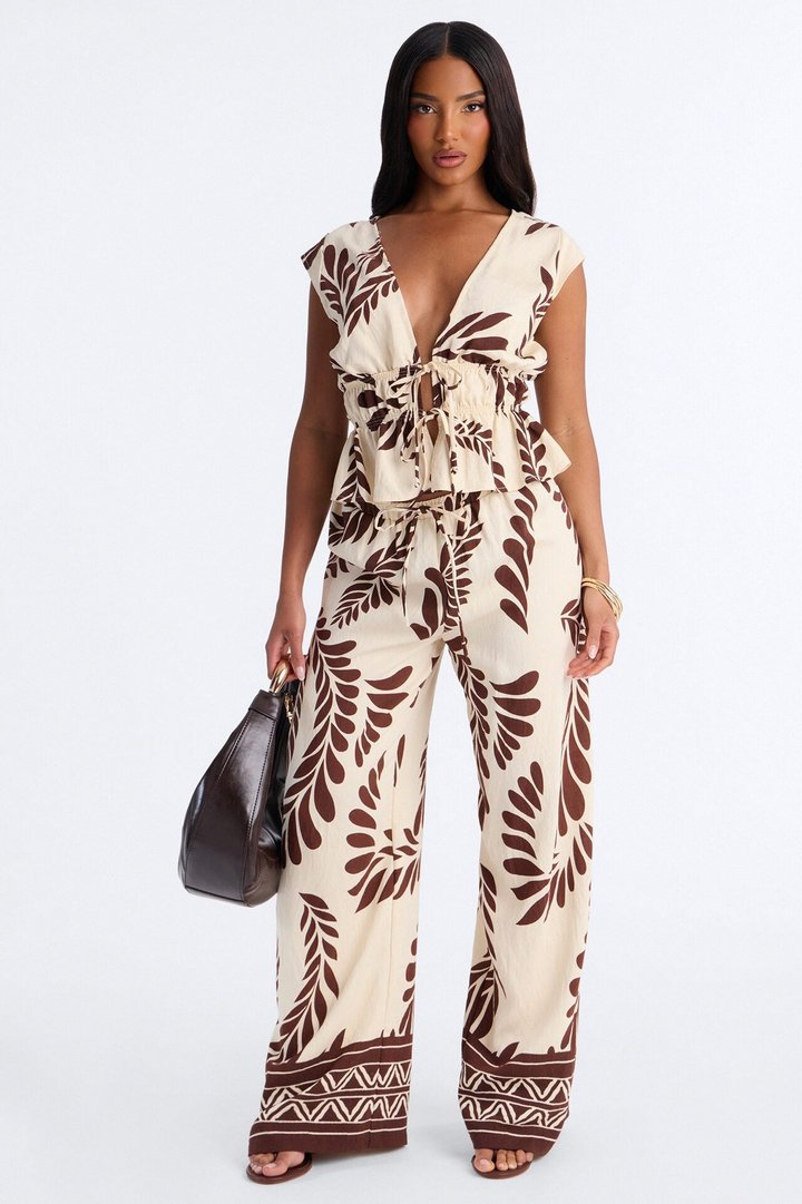 Soriana Linen Floral Pant Set - Brown Combo