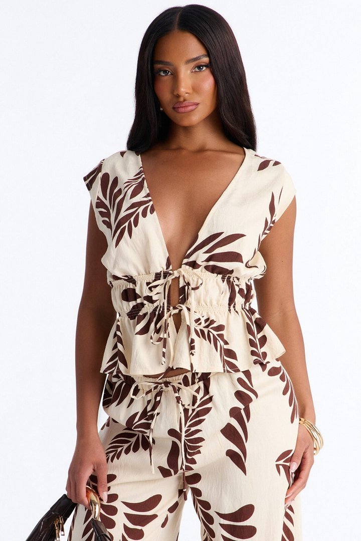 Soriana Linen Floral Pant Set - Brown Combo