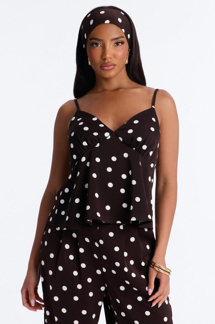 Monique Satin Polka Dot 3 Piece Pant Set - Brown Combo
