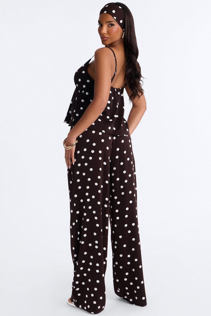 Monique Satin Polka Dot 3 Piece Pant Set - Brown Combo
