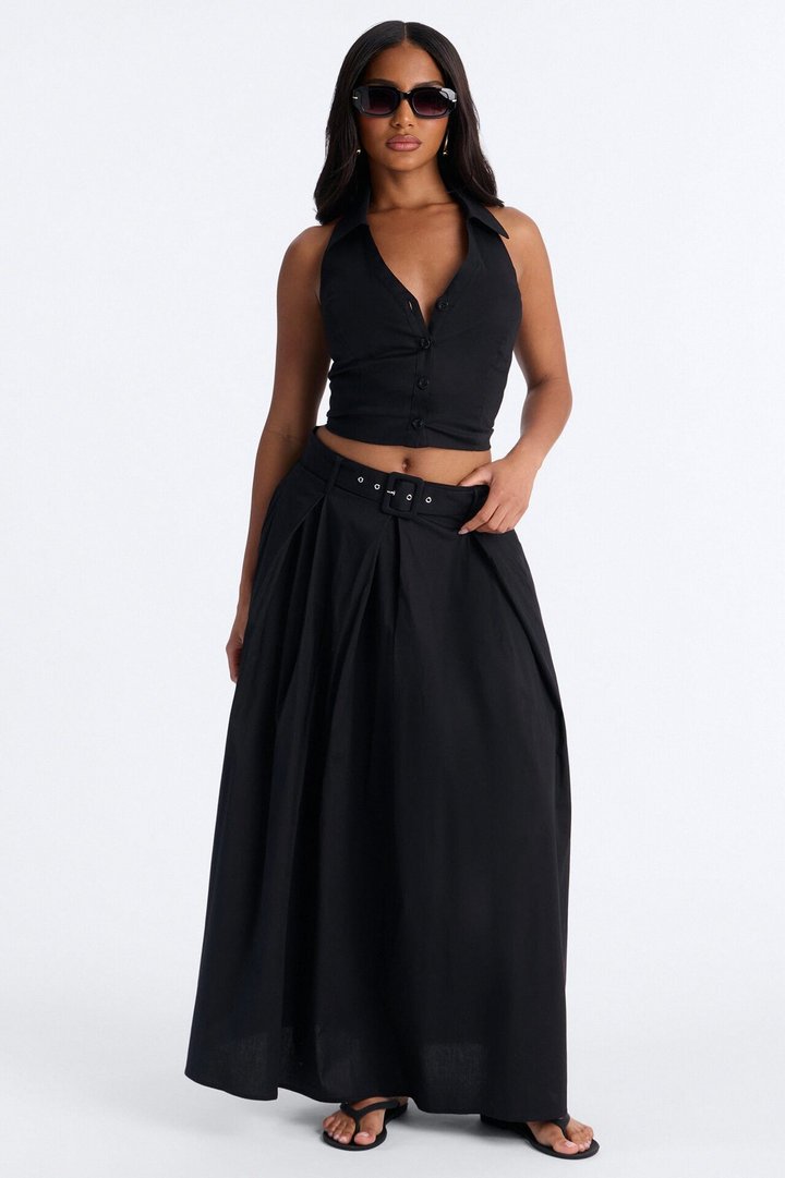 Lana Poplin Halter Maxi Skirt Set - Black