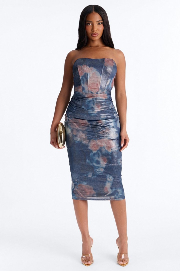 Belinda Corset Metallic Midi Dress - Blue/combo