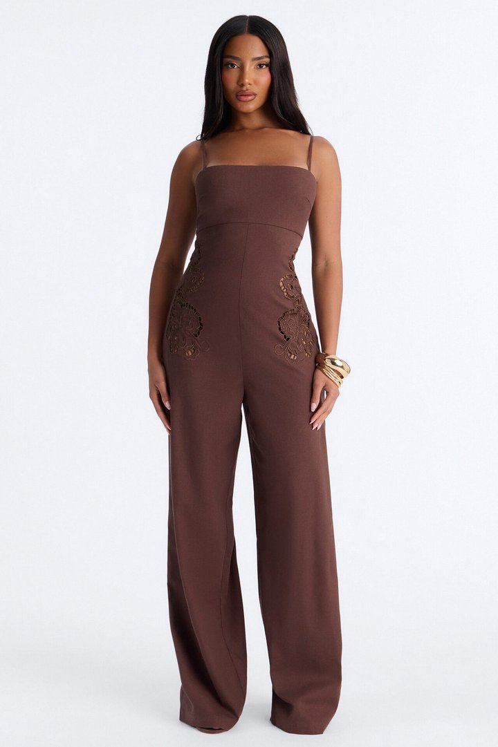 Liliana Embroidered Linen Jumpsuit - Chocolate