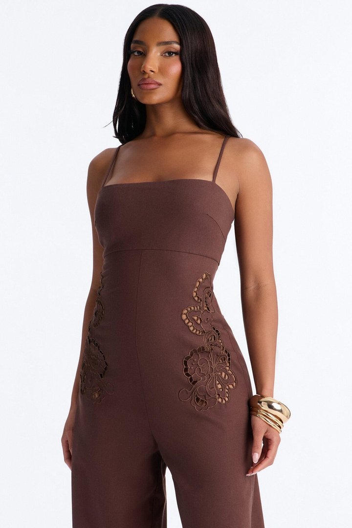 Liliana Embroidered Linen Jumpsuit - Chocolate