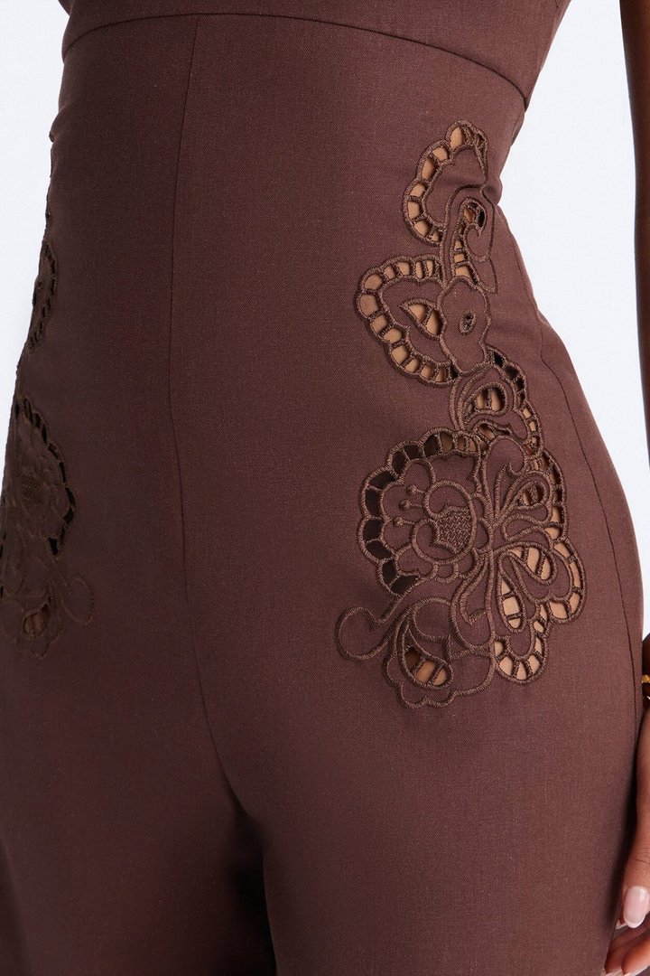 Liliana Embroidered Linen Jumpsuit - Chocolate