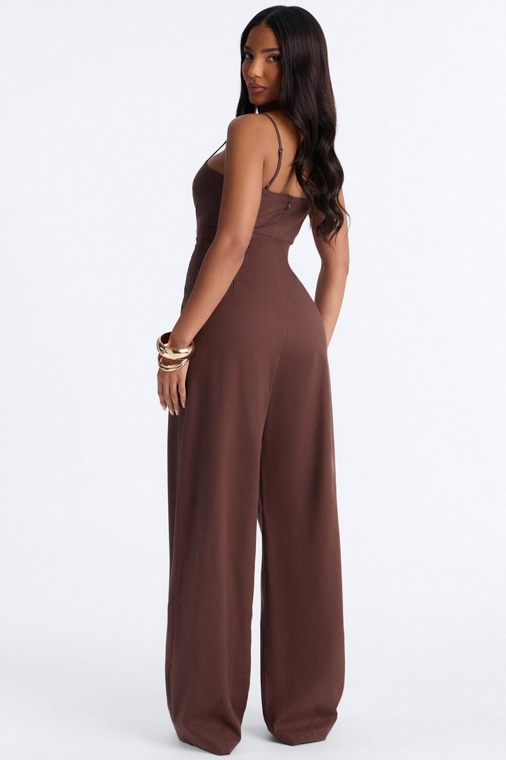 Liliana Embroidered Linen Jumpsuit - Chocolate