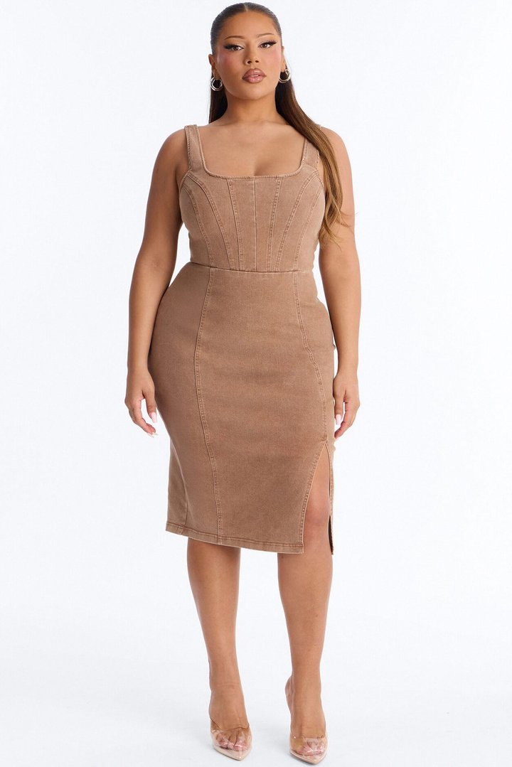 Avery Stretch Denim Midi Dress - Brown