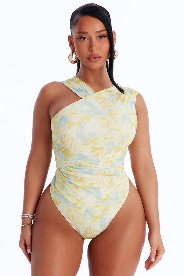 Hailey Floral Sleeveless Ruched Bodysuit - Yellow/combo