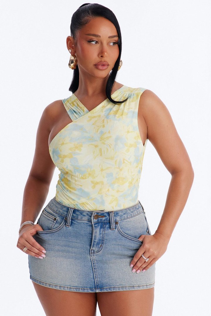 Hailey Floral Sleeveless Ruched Bodysuit - Yellow/combo