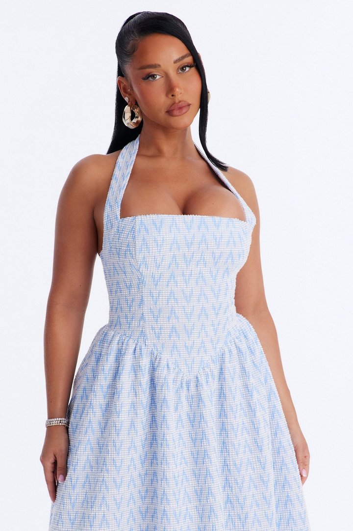 Fia Halter Tweed Midi Dress - Blue