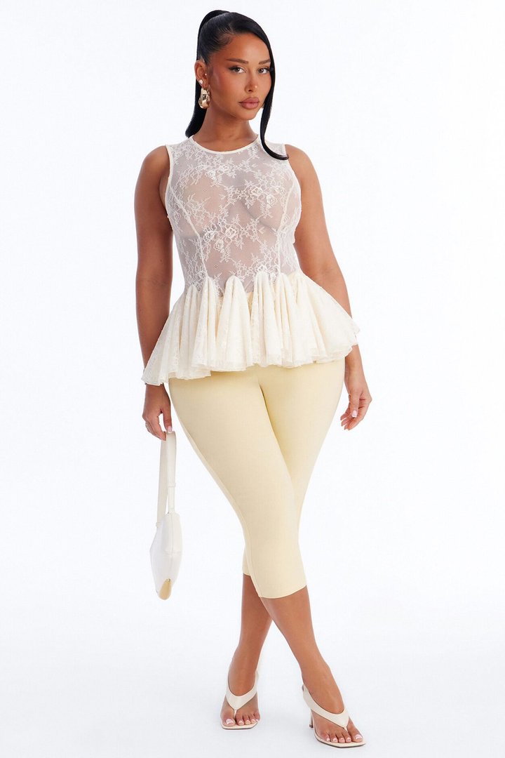 Tea Garden Sheer Lace Ruffle Sleeveless Top - Cream