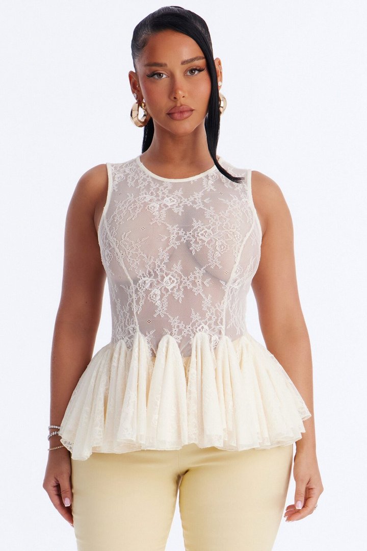 Tea Garden Sheer Lace Ruffle Sleeveless Top - Cream