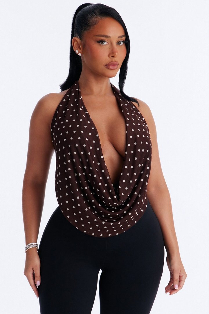 Melody Mesh Polka Dot Halter Top - Brown/combo