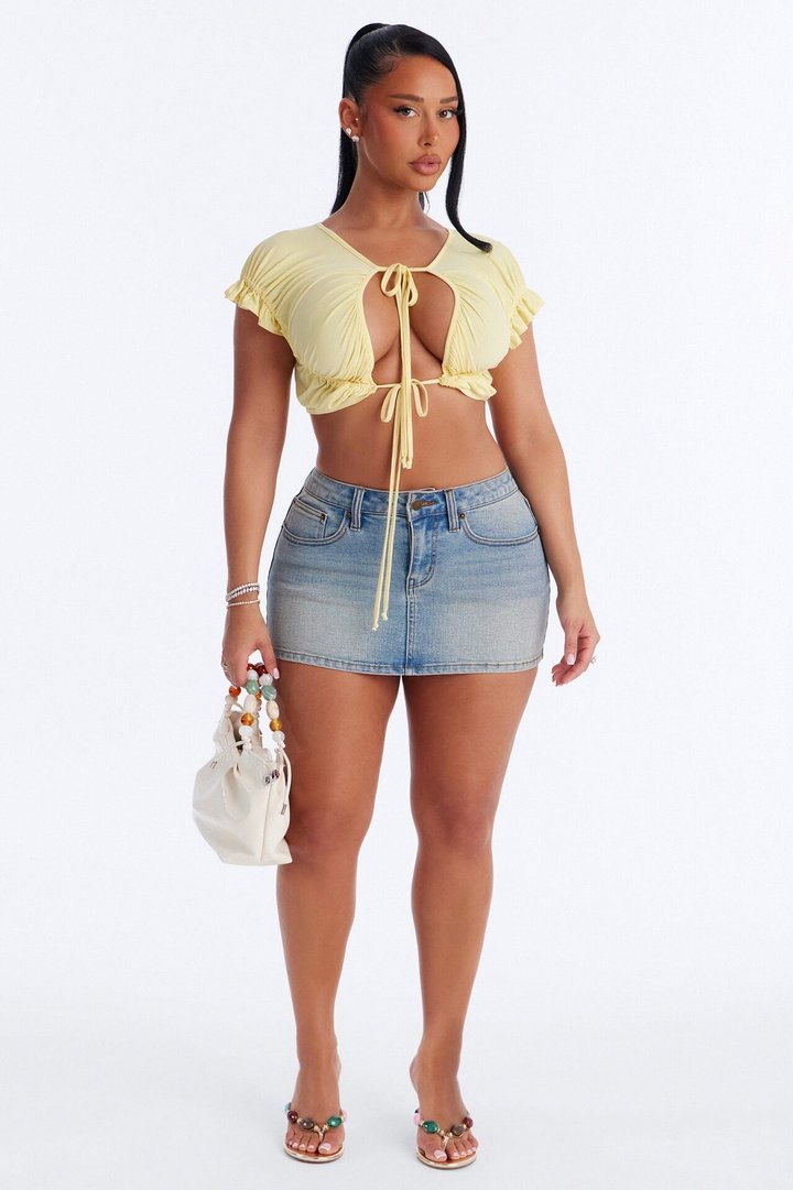 Madison Ruched Tie Short Sleeve Crop Top - Butter Yellow