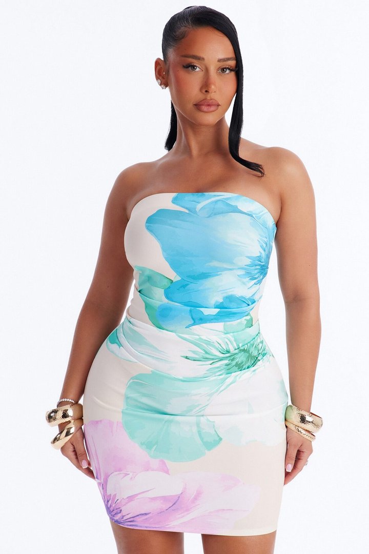 Angelina Floral Strapless Scuba Mini Dress - Taupe/combo