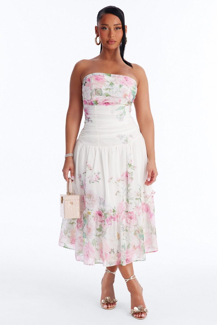 Ariella Floral Chiffon Midi Dress - White/combo