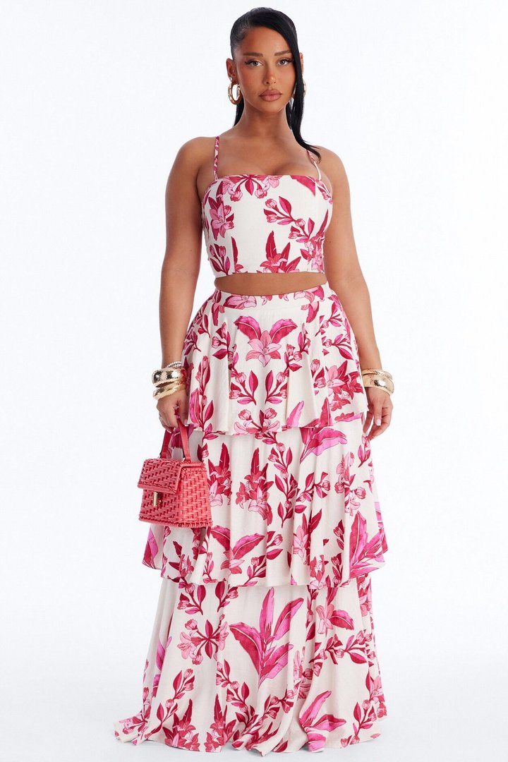 Bellarosa Linen Floral Layered Maxi Skirt Set - Fuchsia