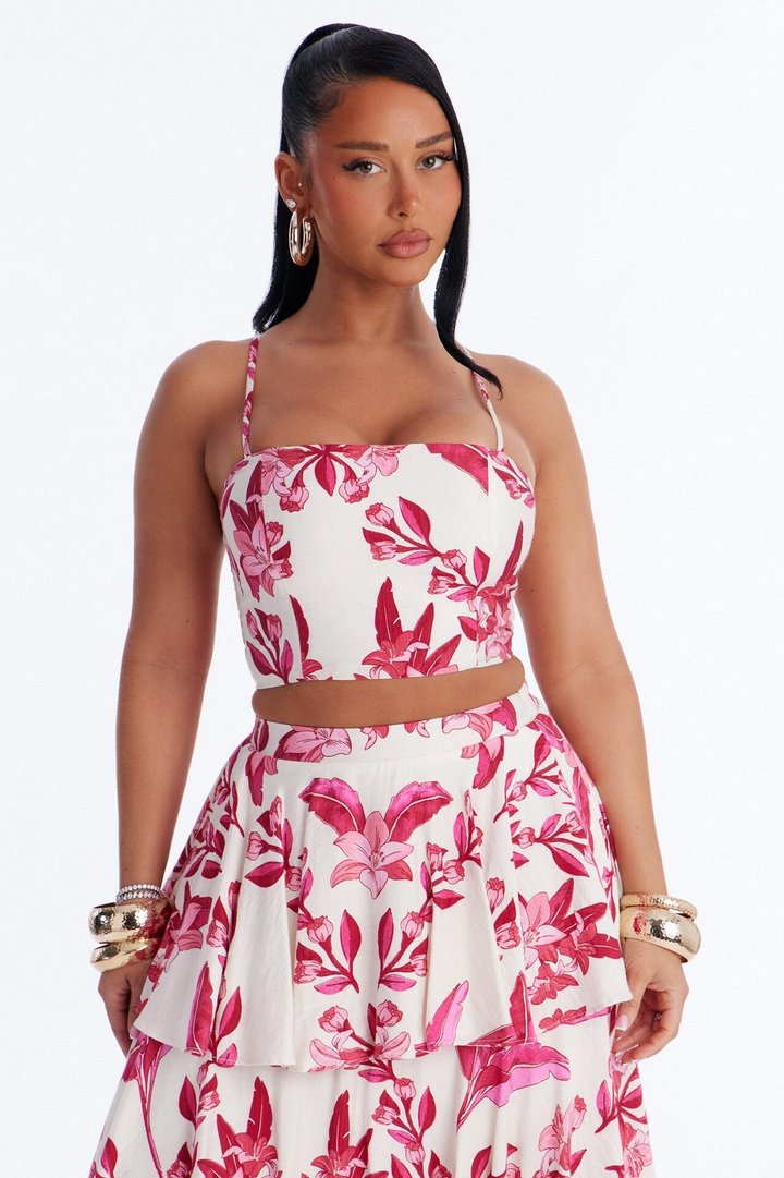 Bellarosa Linen Floral Layered Maxi Skirt Set - Fuchsia