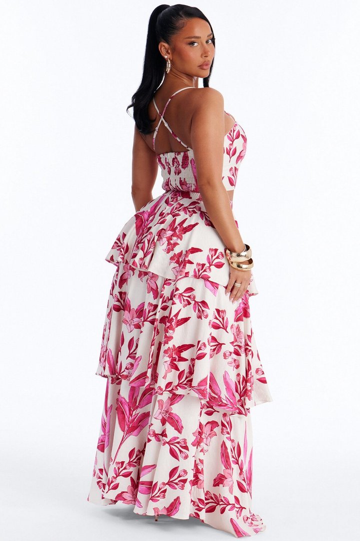 Bellarosa Linen Floral Layered Maxi Skirt Set - Fuchsia