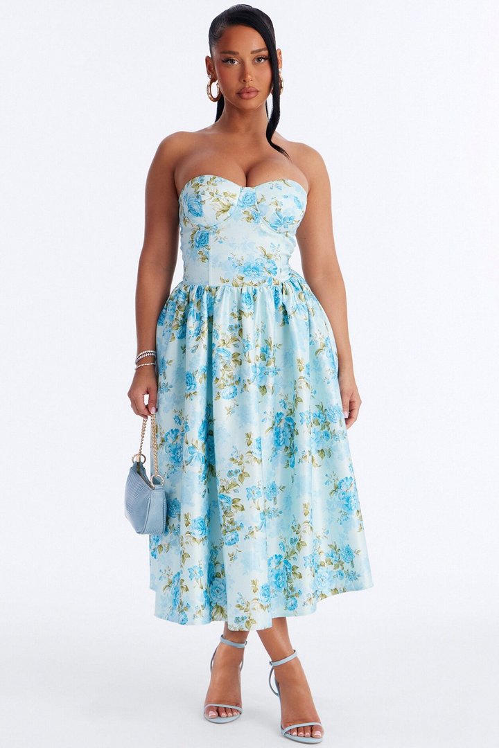Sweet Delicate Floral Satin Midi Dress - Blue