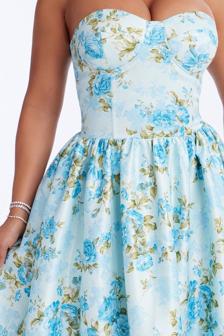 Sweet Delicate Floral Satin Midi Dress - Blue
