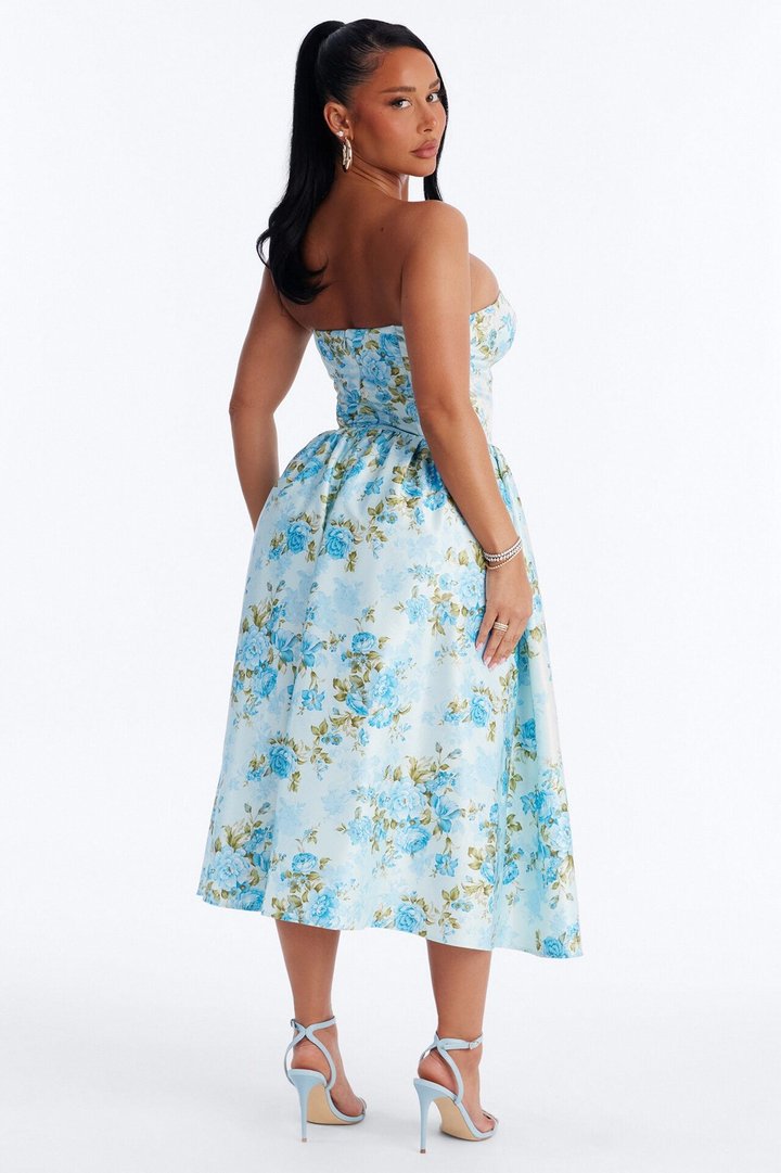 Sweet Delicate Floral Satin Midi Dress - Blue