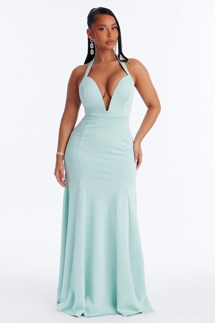 Yelena Halter Crepe Gown - Mint