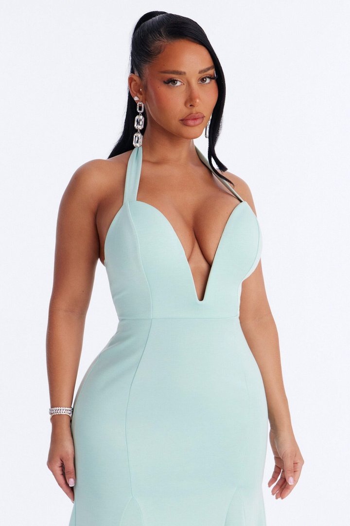 Yelena Halter Crepe Gown - Mint