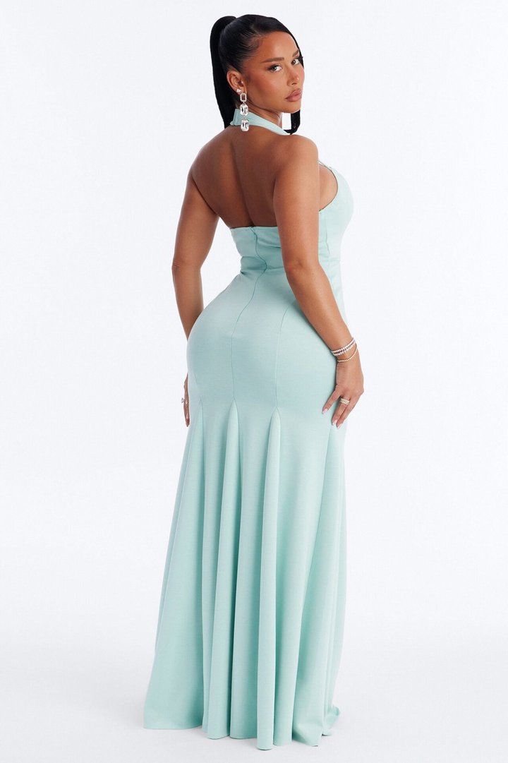 Yelena Halter Crepe Gown - Mint