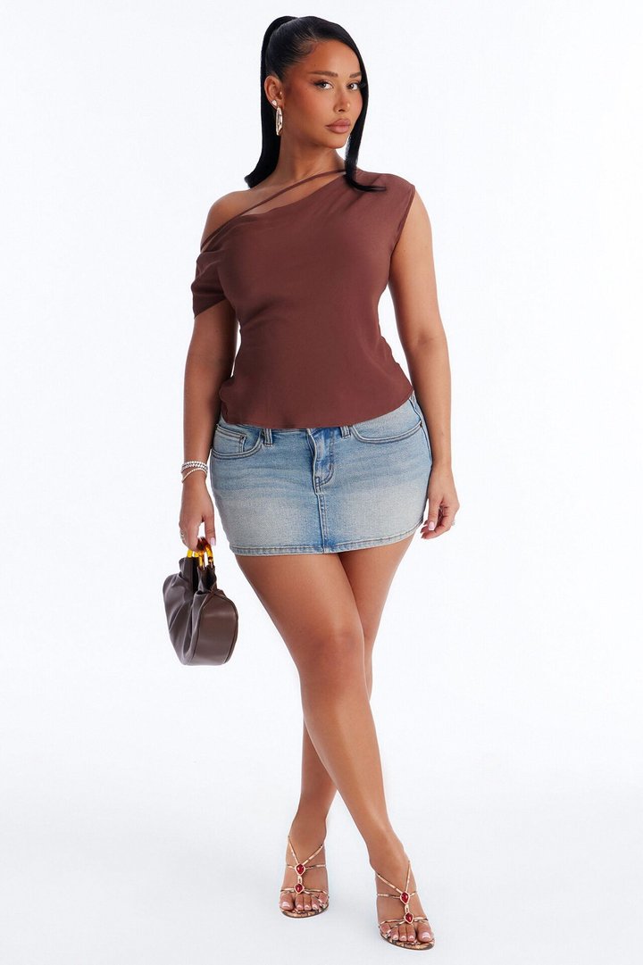 One More Drink One Shoulder Satin Blouse - Chocolate