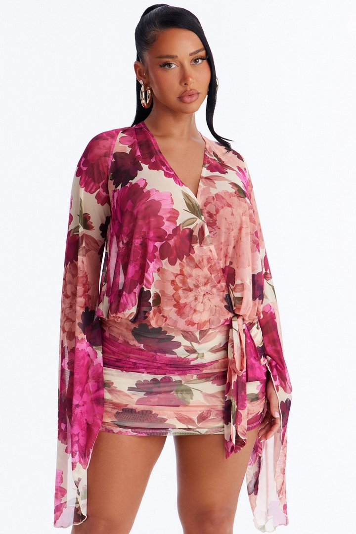 In Full Bloom Mesh Mini Dress - Pink/combo